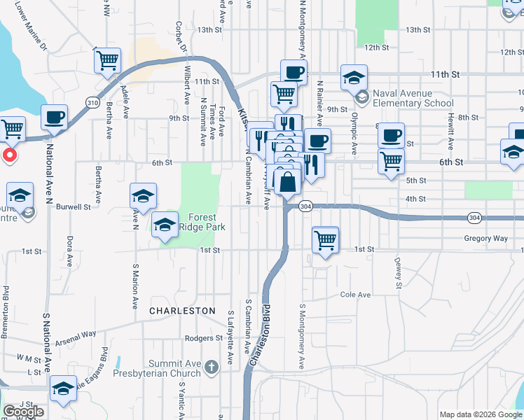 map of restaurants, bars, coffee shops, grocery stores, and more near 151 North Wycoff Avenue in Bremerton