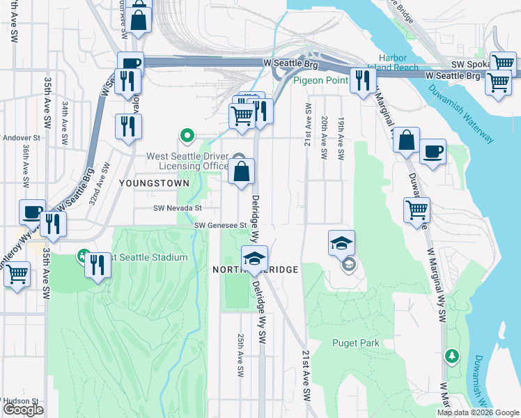 map of restaurants, bars, coffee shops, grocery stores, and more near 4151 23rd Avenue Southwest in Seattle