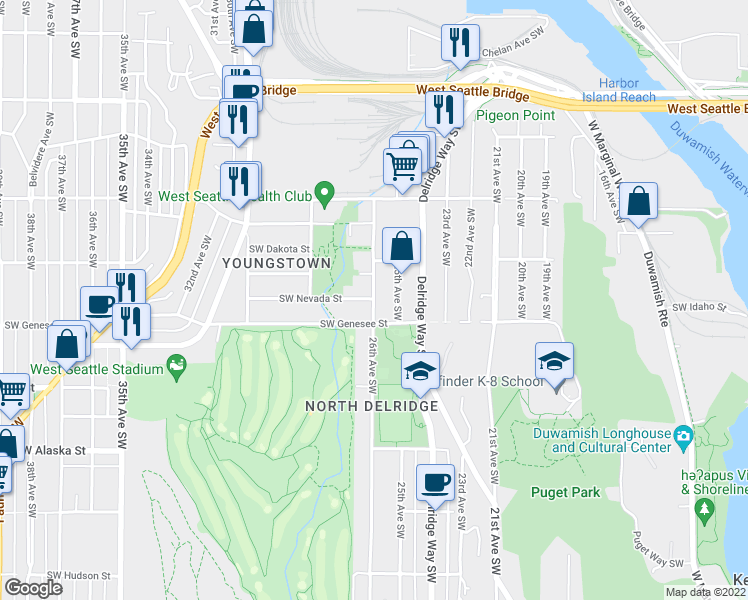 map of restaurants, bars, coffee shops, grocery stores, and more near 4313 26th Avenue Southwest in Seattle