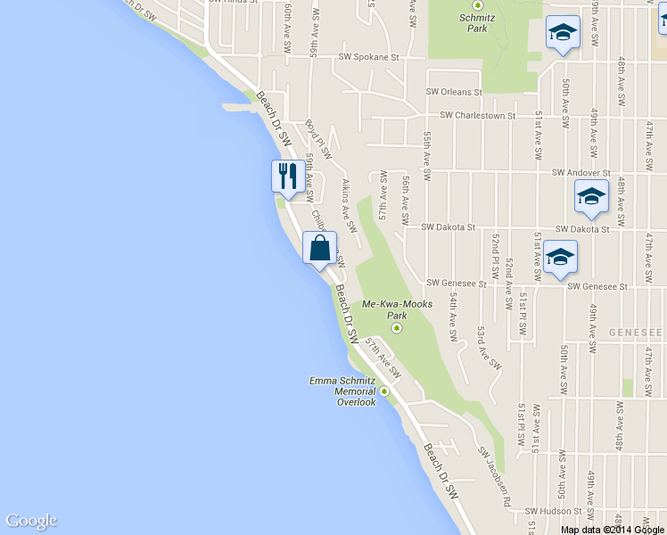 map of restaurants, bars, coffee shops, grocery stores, and more near 4233 Beach Drive Southwest in Seattle