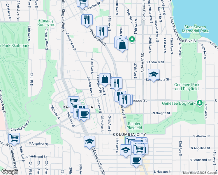map of restaurants, bars, coffee shops, grocery stores, and more near 4216 34th Avenue South in Seattle