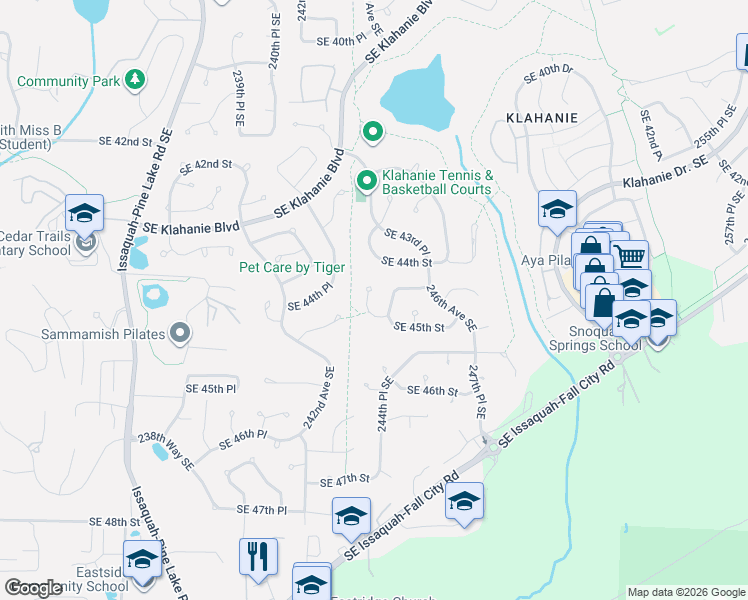 map of restaurants, bars, coffee shops, grocery stores, and more near 24420 Southeast 44th Court in Issaquah