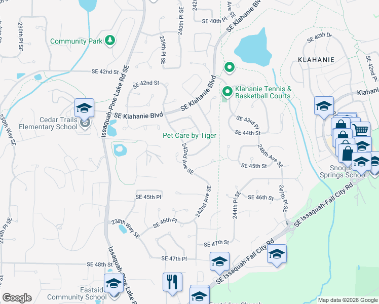 map of restaurants, bars, coffee shops, grocery stores, and more near 24215 Southeast 44th Place in Issaquah