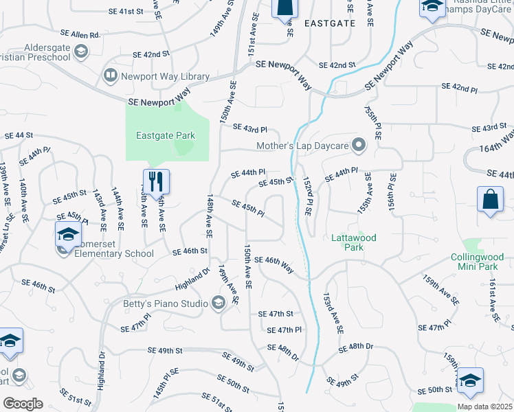 map of restaurants, bars, coffee shops, grocery stores, and more near 15012 Southeast 45th Place in Bellevue