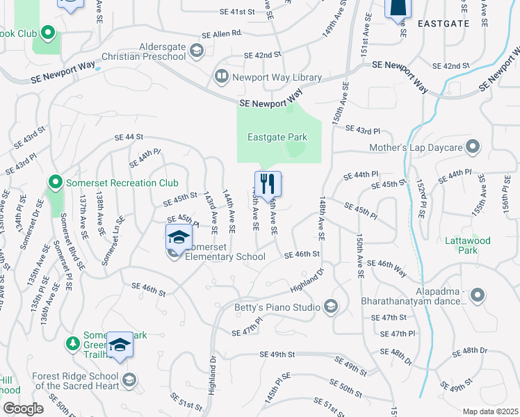 map of restaurants, bars, coffee shops, grocery stores, and more near 4514 145th Avenue Southeast in Bellevue