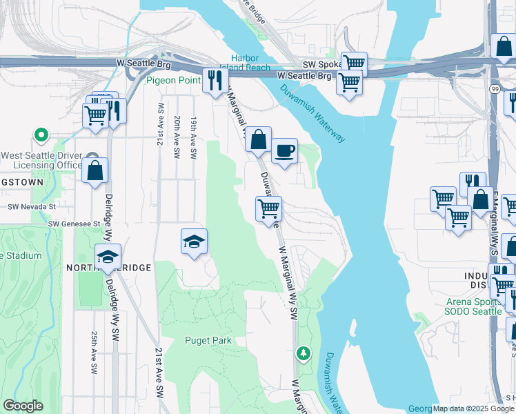 map of restaurants, bars, coffee shops, grocery stores, and more near 4209 West Marginal Way Southwest in Seattle