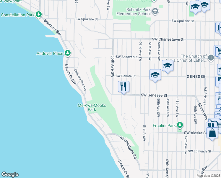map of restaurants, bars, coffee shops, grocery stores, and more near 4148 Hillcrest Avenue Southwest in Seattle