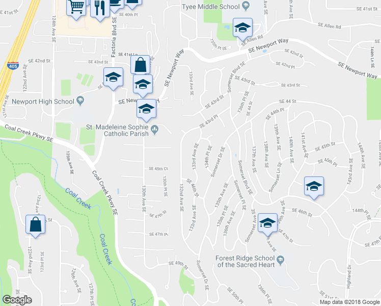 map of restaurants, bars, coffee shops, grocery stores, and more near 4431 133rd Avenue Southeast in Bellevue