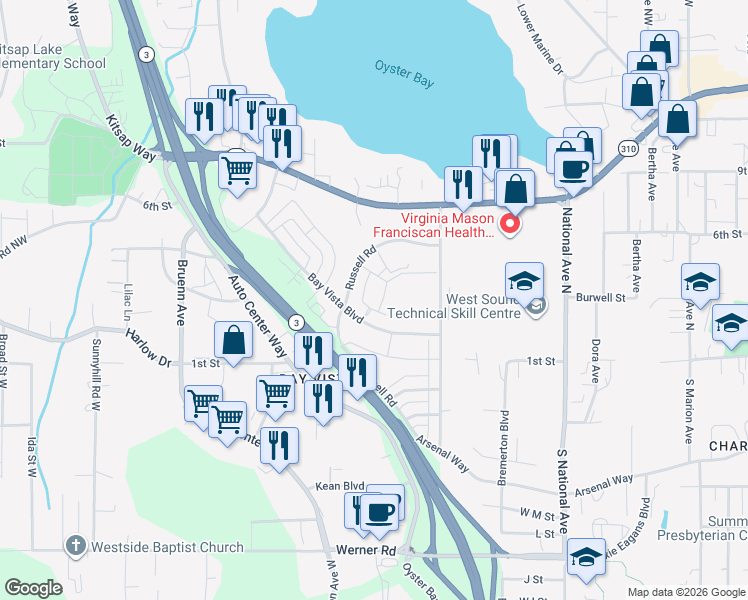 map of restaurants, bars, coffee shops, grocery stores, and more near 4520 Bay Vista Boulevard in Bremerton