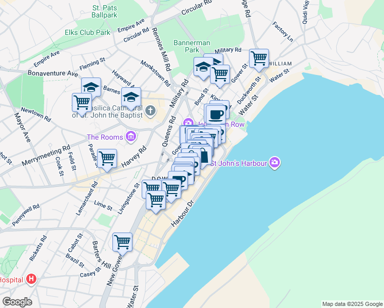 map of restaurants, bars, coffee shops, grocery stores, and more near 290 Duckworth Street in St. John's