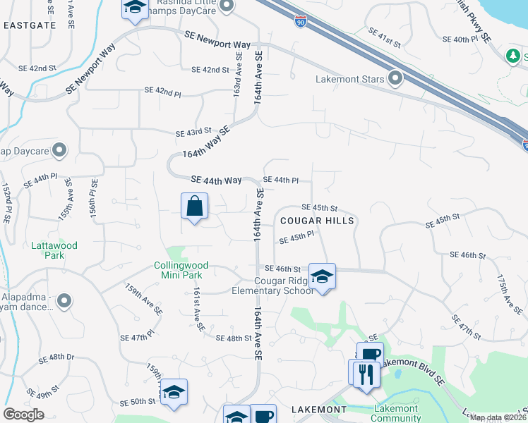 map of restaurants, bars, coffee shops, grocery stores, and more near 4500 164th Avenue Southeast in Issaquah