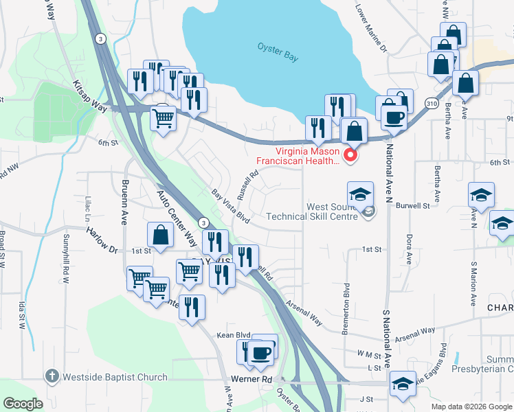 map of restaurants, bars, coffee shops, grocery stores, and more near 4520 Bay Vista Boulevard in Bremerton