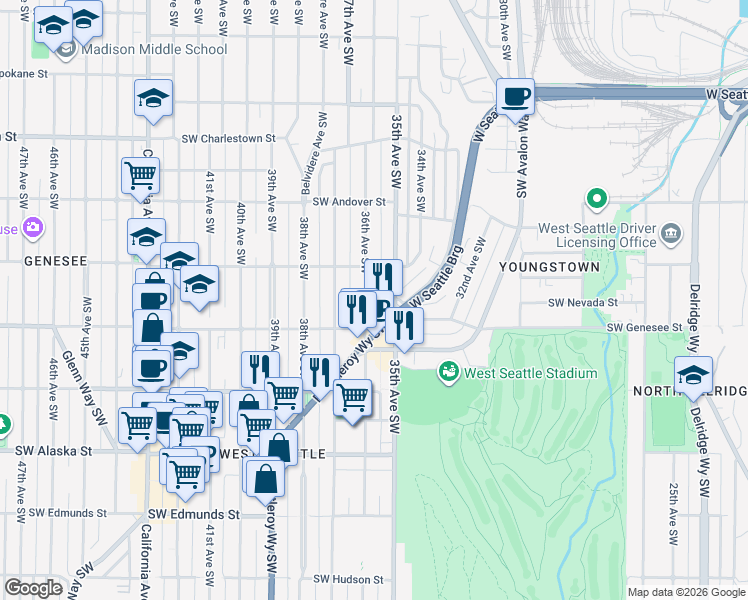 map of restaurants, bars, coffee shops, grocery stores, and more near 4200 36th Avenue Southwest in Seattle