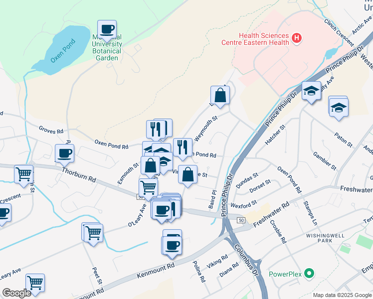 map of restaurants, bars, coffee shops, grocery stores, and more near 96 Oxen Pond Road in St. John's