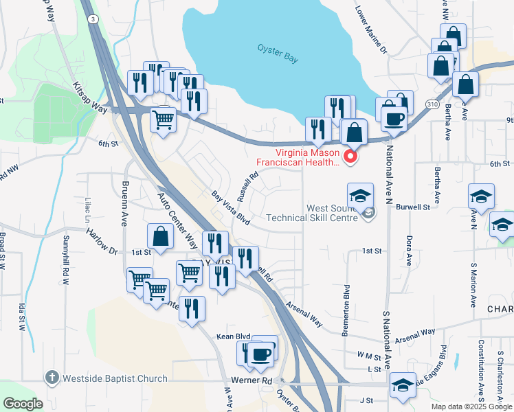 map of restaurants, bars, coffee shops, grocery stores, and more near 4520 Bay Vista Boulevard in Bremerton