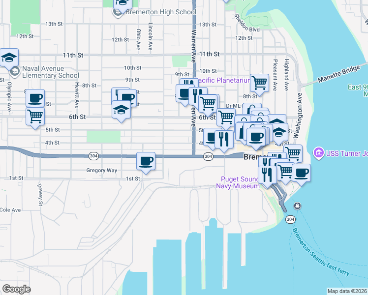 map of restaurants, bars, coffee shops, grocery stores, and more near 1019 Burwell Street in Bremerton