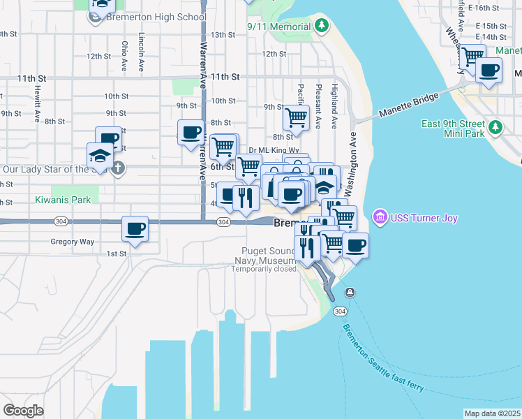 map of restaurants, bars, coffee shops, grocery stores, and more near 646 Burwell Street in Bremerton