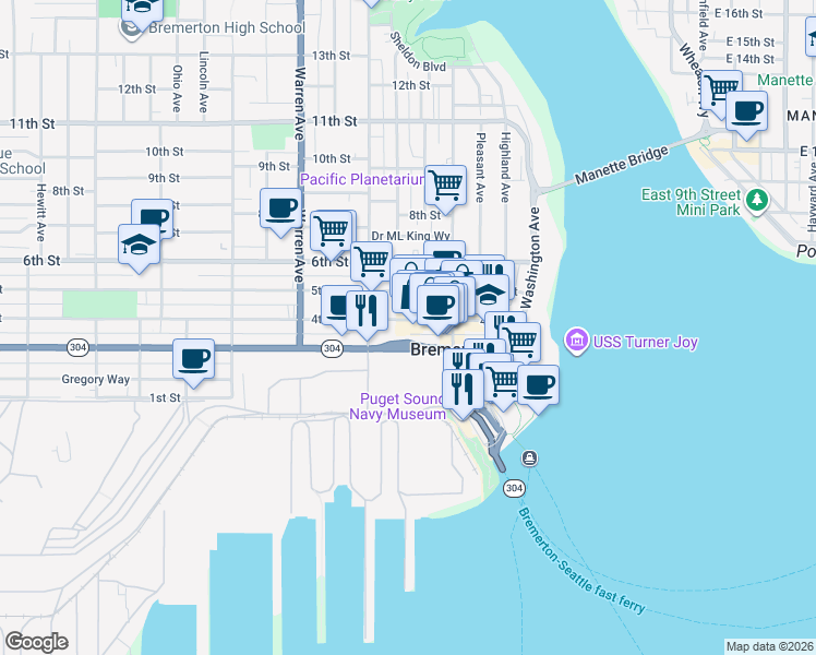 map of restaurants, bars, coffee shops, grocery stores, and more near 532 Burwell Street in Bremerton