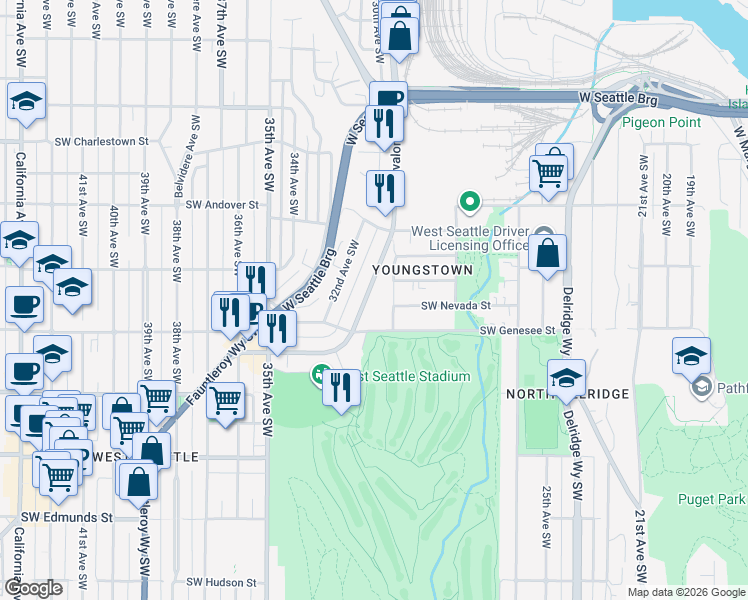 map of restaurants, bars, coffee shops, grocery stores, and more near 3047 Southwest Avalon Way in Seattle
