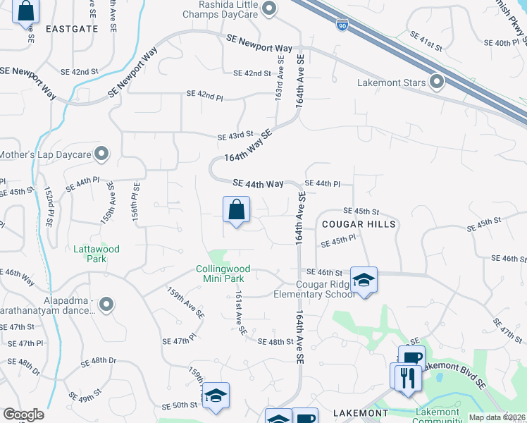 map of restaurants, bars, coffee shops, grocery stores, and more near 16148 Southeast 45th Court in Bellevue