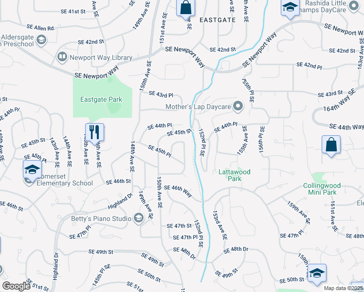 map of restaurants, bars, coffee shops, grocery stores, and more near 15030 Southeast 45th Place in Bellevue