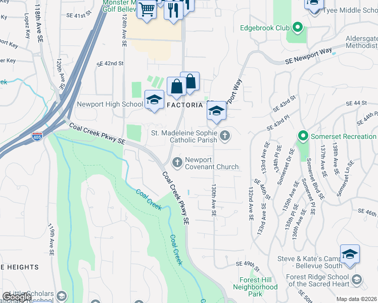 map of restaurants, bars, coffee shops, grocery stores, and more near 12903 Southeast 45th Lane in Bellevue