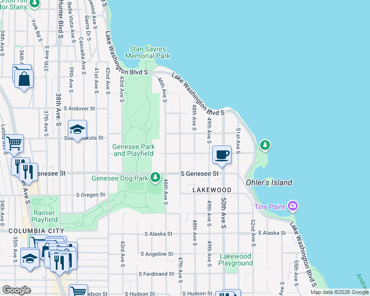 map of restaurants, bars, coffee shops, grocery stores, and more near 4204 47th Avenue South in Seattle