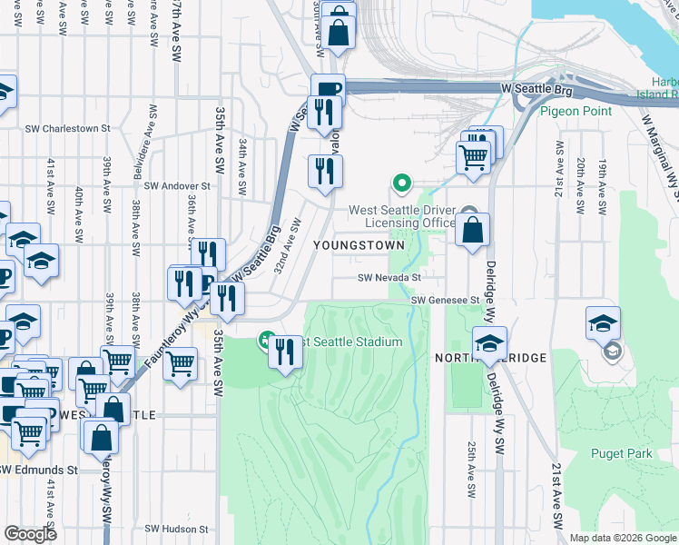 map of restaurants, bars, coffee shops, grocery stores, and more near 2838A Southwest Genesee Street in Seattle
