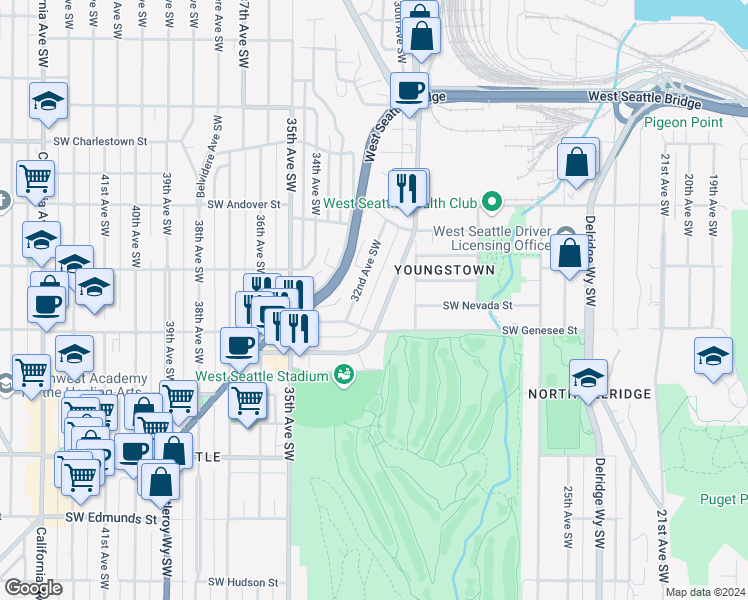 map of restaurants, bars, coffee shops, grocery stores, and more near 3120 Southwest Genesee Street in Seattle