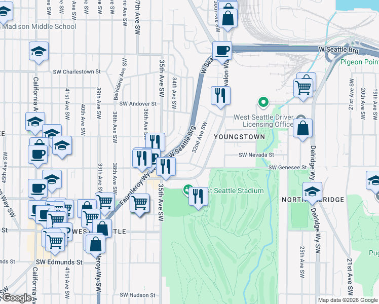 map of restaurants, bars, coffee shops, grocery stores, and more near 3218 Southwest Genesee Street in Seattle