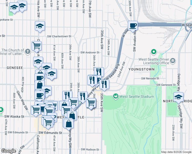 map of restaurants, bars, coffee shops, grocery stores, and more near 4200 36th Avenue Southwest in Seattle