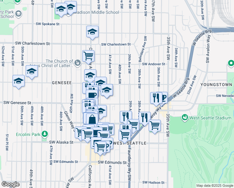 map of restaurants, bars, coffee shops, grocery stores, and more near 4151 40th Avenue Southwest in Seattle