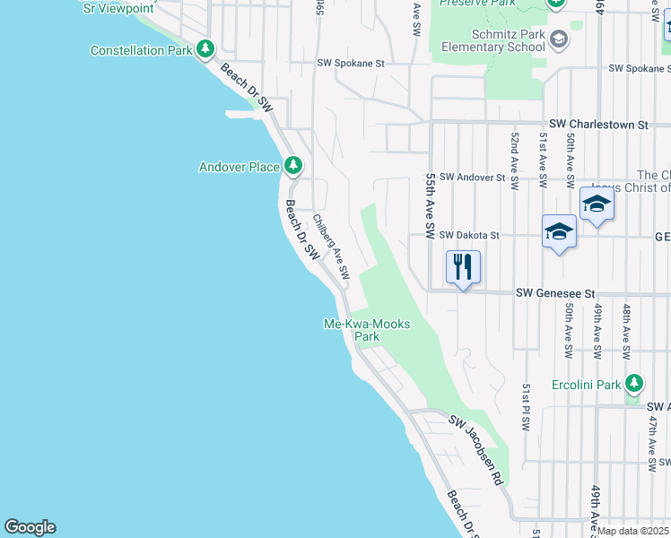 map of restaurants, bars, coffee shops, grocery stores, and more near 4233 Beach Drive Southwest in Seattle