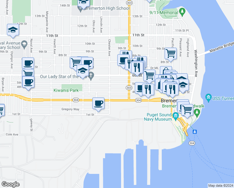 map of restaurants, bars, coffee shops, grocery stores, and more near 1019 Burwell Street in Bremerton