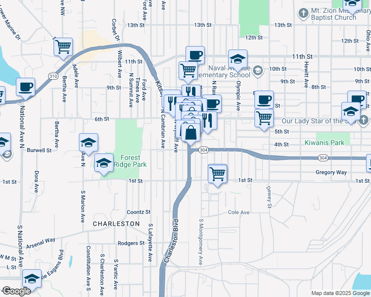 map of restaurants, bars, coffee shops, grocery stores, and more near 133 North Callow Avenue in Bremerton
