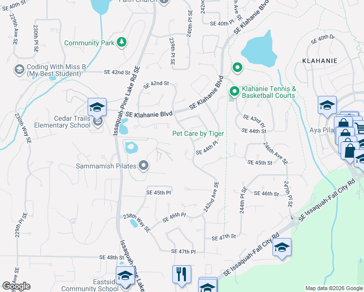 map of restaurants, bars, coffee shops, grocery stores, and more near 24109 Southeast 44th Court in Issaquah