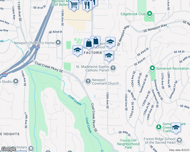 map of restaurants, bars, coffee shops, grocery stores, and more near 12903 Southeast 45th Lane in Bellevue