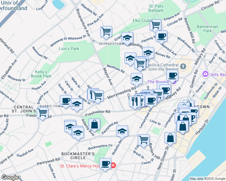 map of restaurants, bars, coffee shops, grocery stores, and more near 53 Mayor Avenue in St. John's