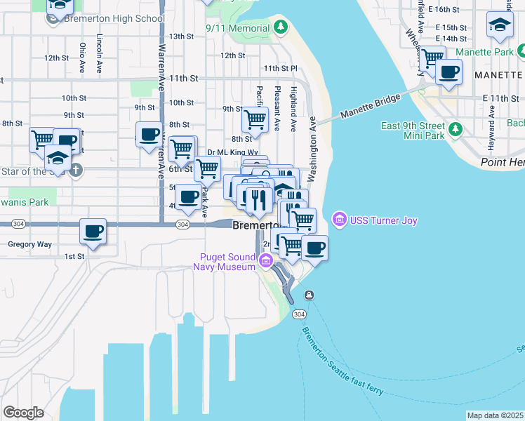 map of restaurants, bars, coffee shops, grocery stores, and more near 509 4th Street in Bremerton