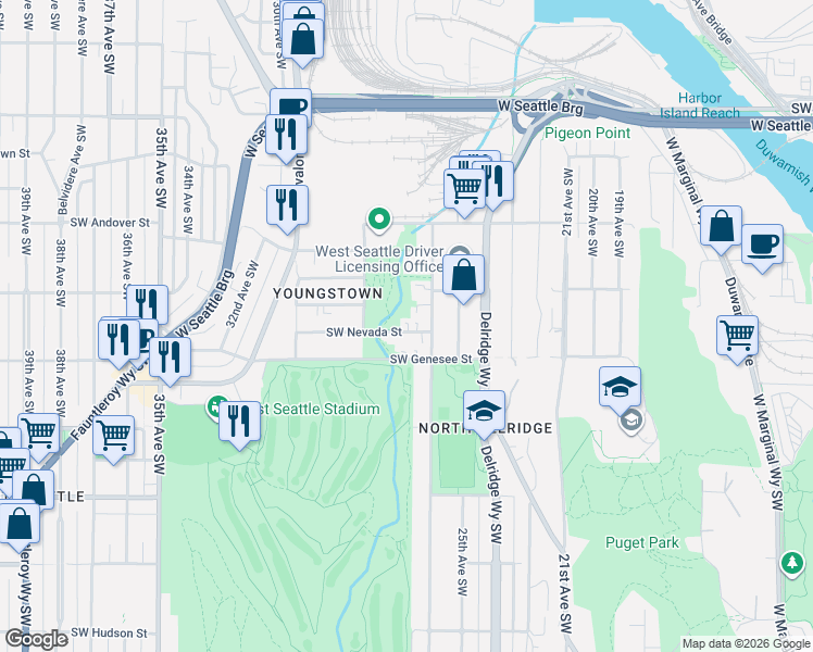 map of restaurants, bars, coffee shops, grocery stores, and more near 2635 Southwest Nevada Street in Seattle
