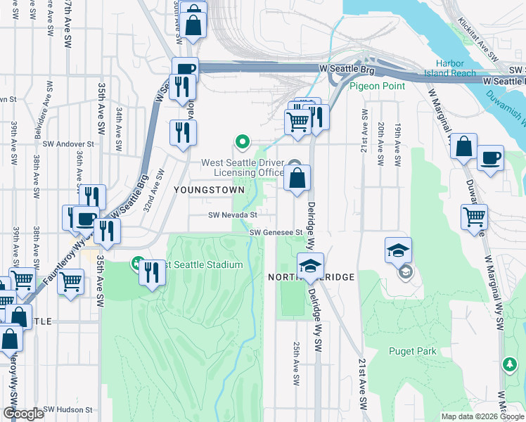 map of restaurants, bars, coffee shops, grocery stores, and more near 2635 Southwest Nevada Street in Seattle