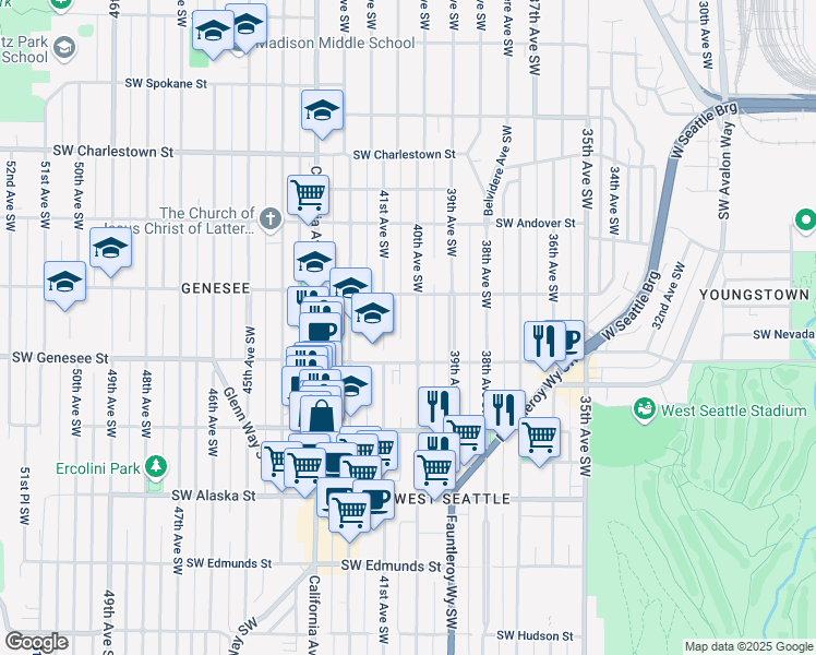 map of restaurants, bars, coffee shops, grocery stores, and more near 4151 40th Avenue Southwest in Seattle