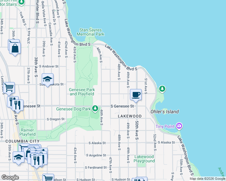 map of restaurants, bars, coffee shops, grocery stores, and more near 4204 47th Avenue South in Seattle