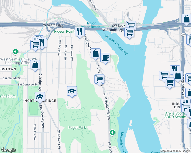 map of restaurants, bars, coffee shops, grocery stores, and more near 4201 W Marginal Way Southwest in Seattle