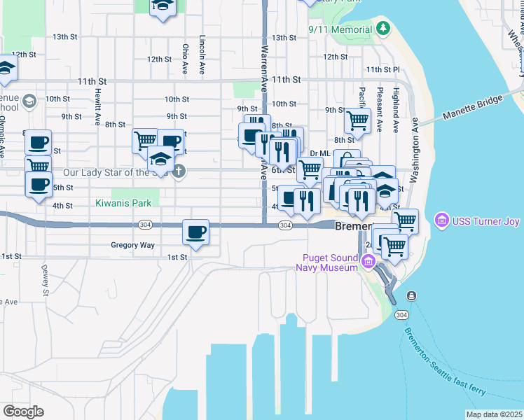 map of restaurants, bars, coffee shops, grocery stores, and more near 1013 4th Street in Bremerton