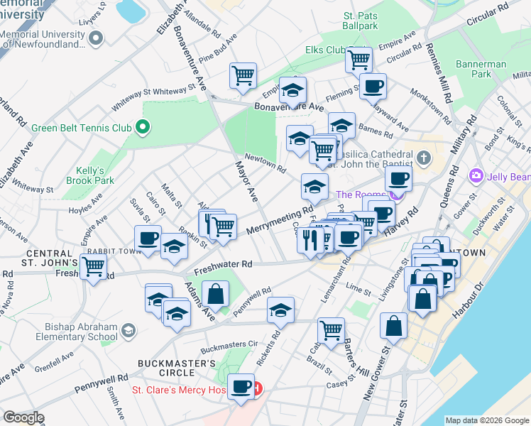 map of restaurants, bars, coffee shops, grocery stores, and more near 29 Howley Avenue Extension in St. John's