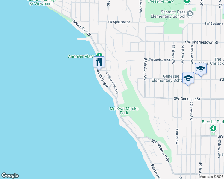 map of restaurants, bars, coffee shops, grocery stores, and more near 4208 Beach Drive Southwest in Seattle