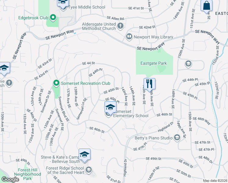 map of restaurants, bars, coffee shops, grocery stores, and more near 14206 Southeast 45th Place in Bellevue