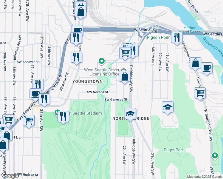 map of restaurants, bars, coffee shops, grocery stores, and more near 4313 26th Avenue Southwest in Seattle