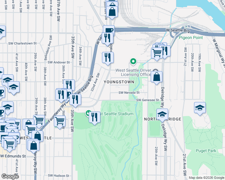 map of restaurants, bars, coffee shops, grocery stores, and more near 2838A Southwest Genesee Street in Seattle